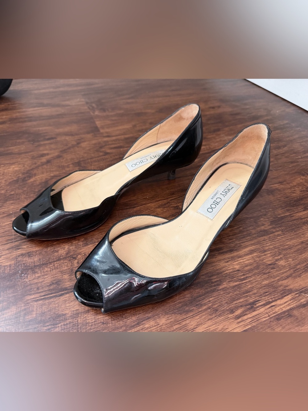 Vintage Jimmy Choo Black Patent Leather Peep-Toe Kitten Heels